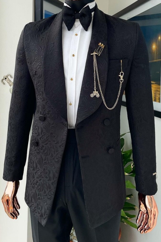 Classic Black Jacquard Shawl Lapel Double Breasted Wedding Suits-BMbridal