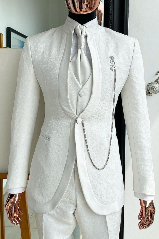 Fashion White Shawl Lapel Three Pieces Jacquard Wedding Suits-BMbridal