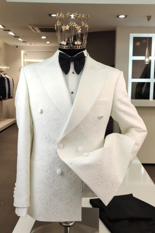 Classic White Jacquard Double Breasted Prom Suits-BMbridal