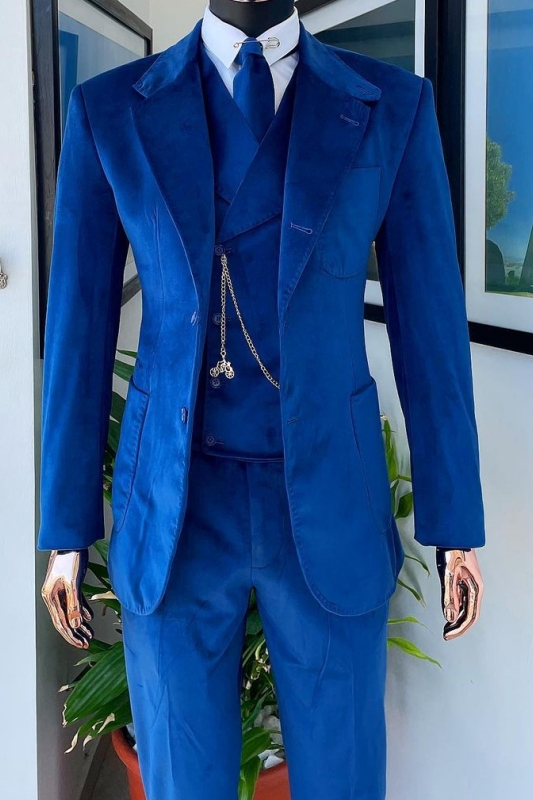 Fancy Royal Blue Notched Lapel Three Pieces Velvet Prom Suits-BMbridal