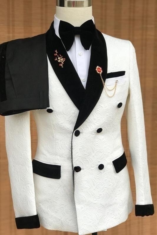 New Arrival White Jacquard Wedding Suits With Black Velvet Lapel-BMbridal