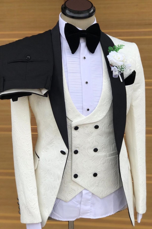 Newest White Jacquard Shawl Lapel Three Pieces Wedding Suits-BMbridal