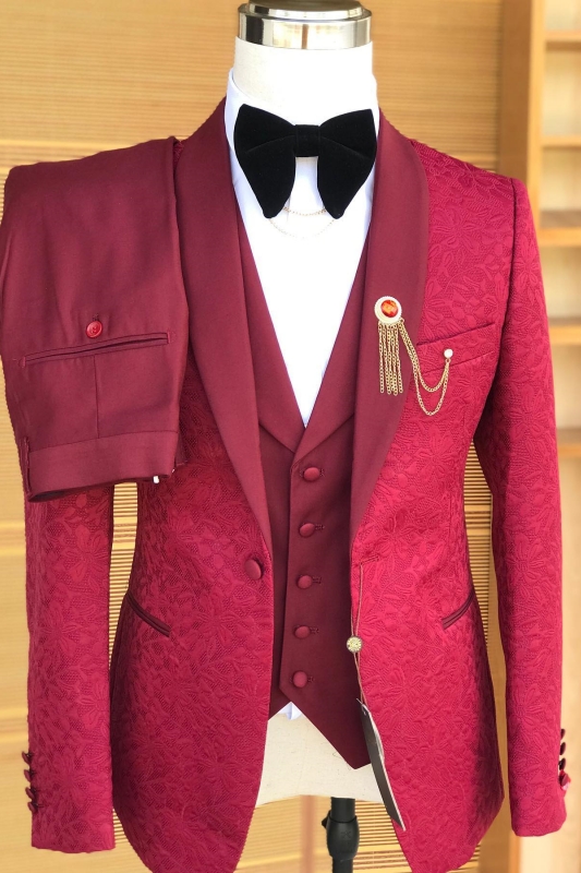 Stylish Red Shawl Lapel Three Pieces Jacquard Wedding Suits-BMbridal