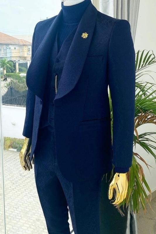 Navy Blue Shawl Lapel Three Pieces Jacquard Wedding Suits-BMbridal