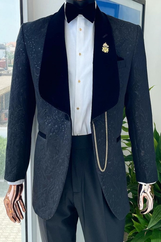 Formal Dark Navy Jacquard Wedding Suits With Black Lapel-BMbridal