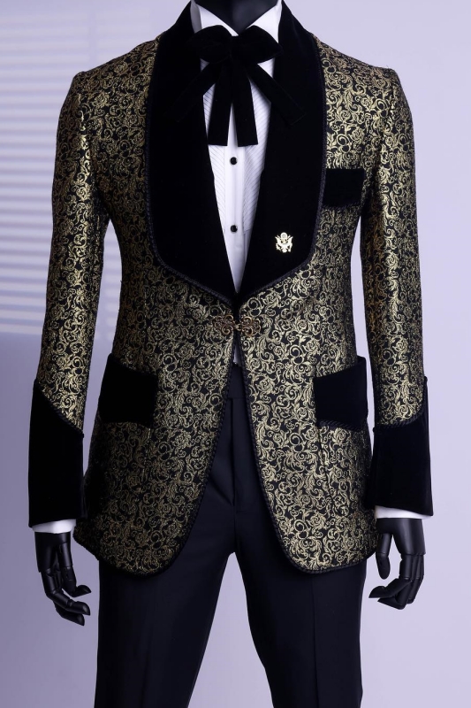 Fashion Gold Rose Jacquard Wedding Suits With Velvet Lapel-BMbridal
