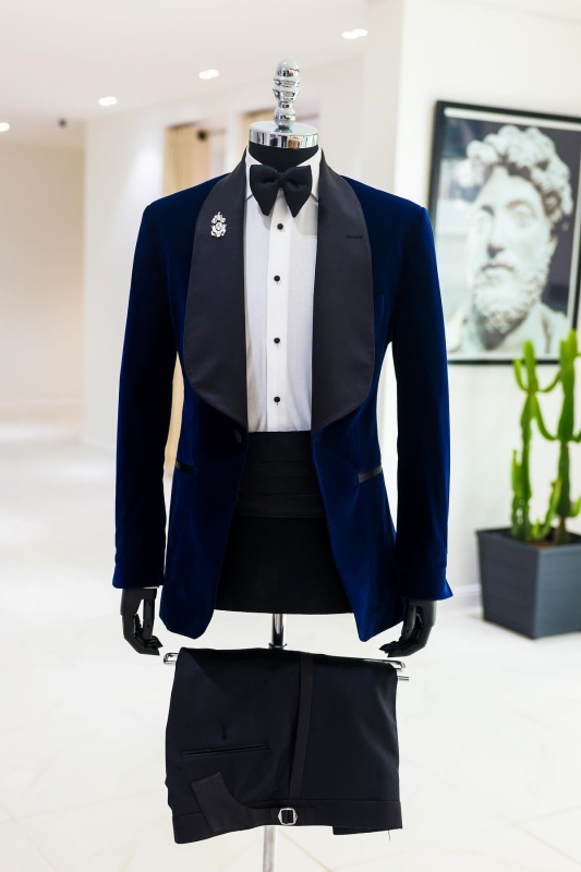 Stylish Navy Blue Shawl Lapel Two Pieces Velvet Wedding Suits-BMbridal
