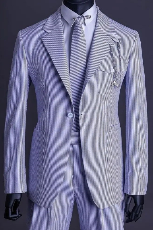 Blue Striped Notched Lapel Close Fitting Business Suits-BMbridal