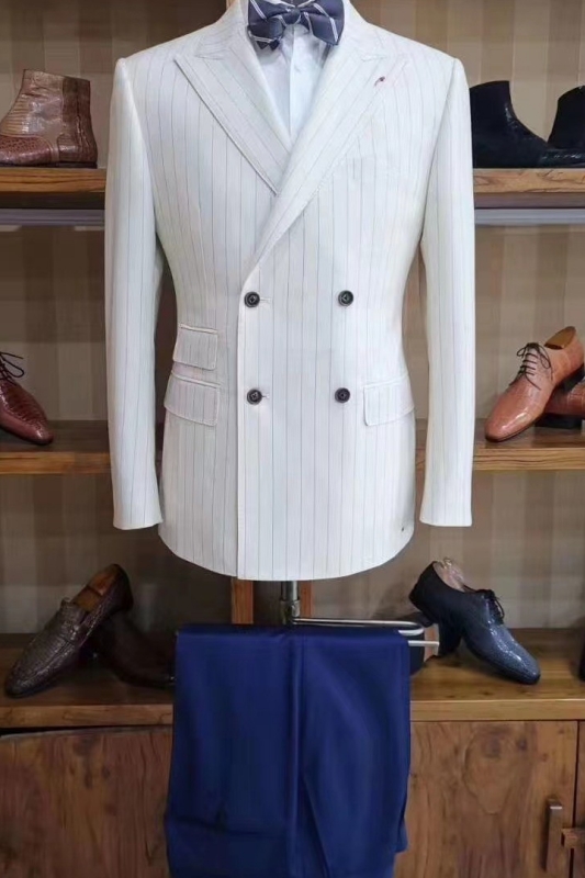 White Striped Peaked Lapel Double Breasted Prom Suits With Blue Pants-BMbridal