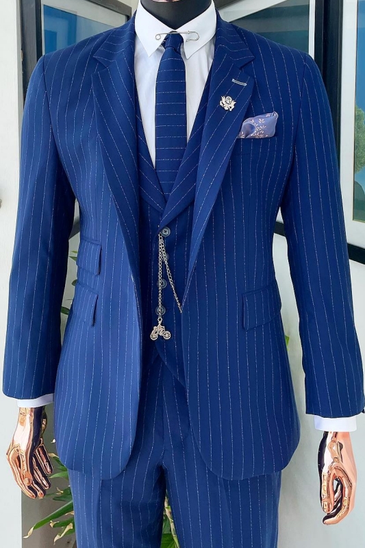 Blue Striped Peaked Lapel Three Pieces Fancy Business Suits-BMbridal