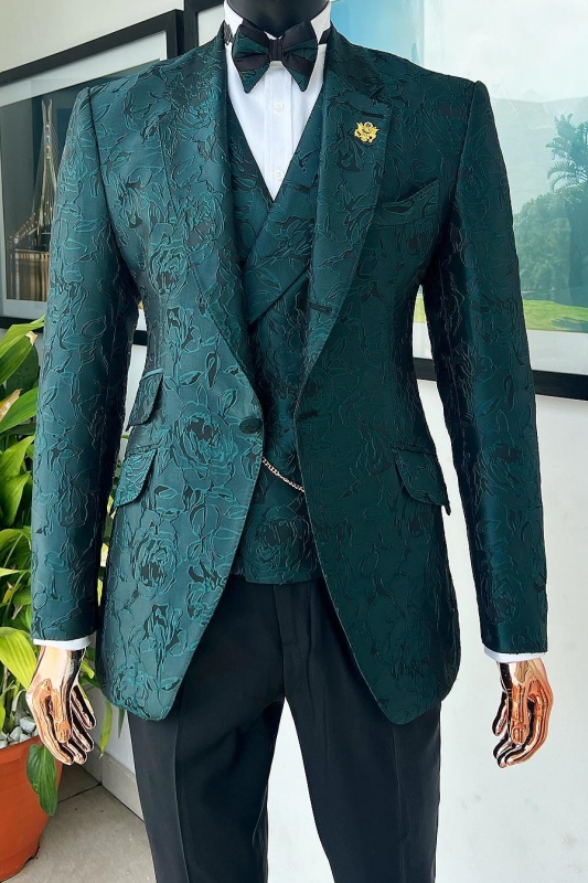 Dark Green Jacquard Notched Lapel Three Pieces Fancy Prom Suits-BMbridal