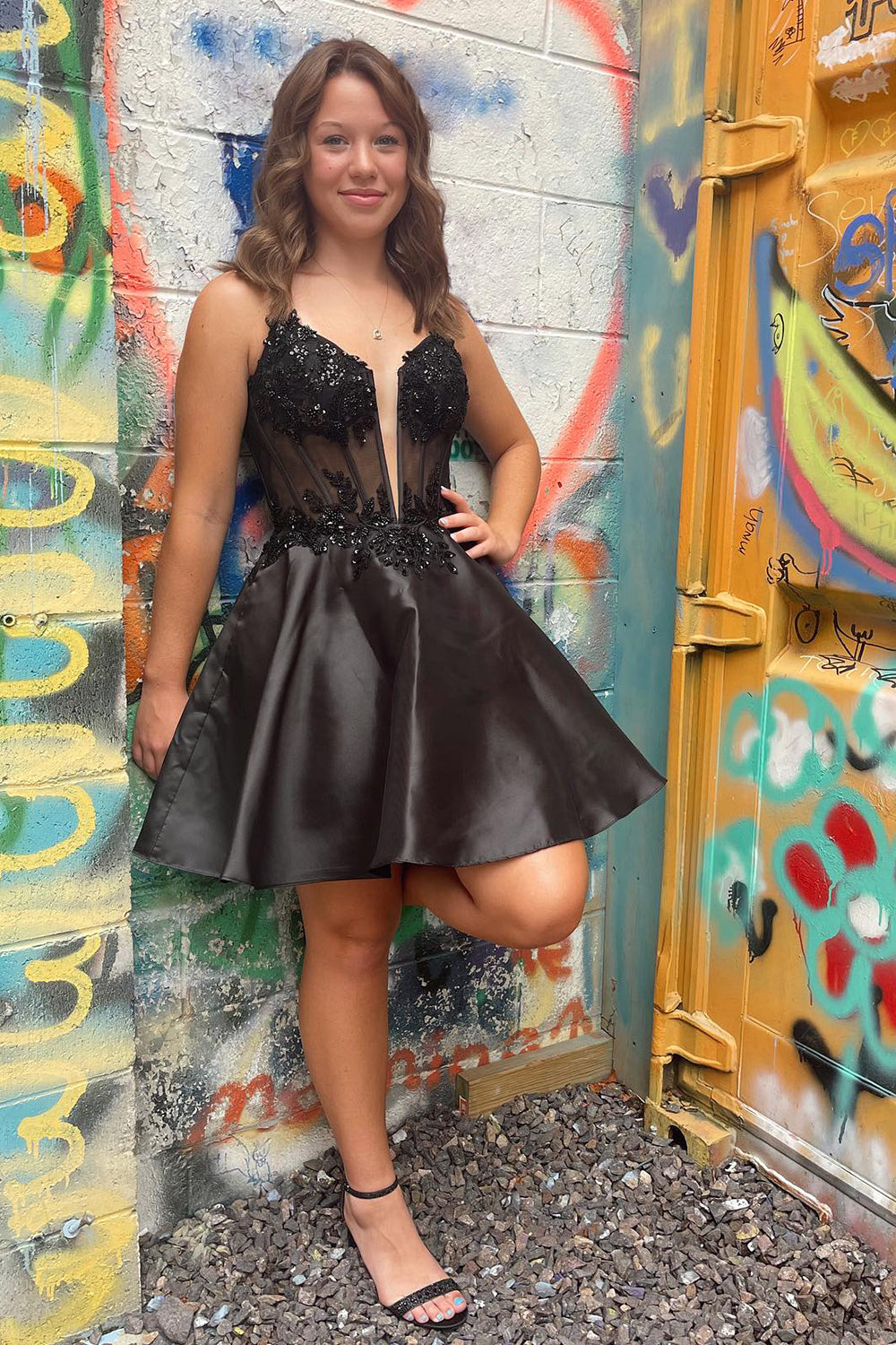 Glitter Black A-Line Satin Short Homecoming Dress with Appliques-BMbridal