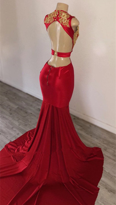 Bmbridal Red Mermaid Prom Dress Long With Gold Appliques-BMbridal