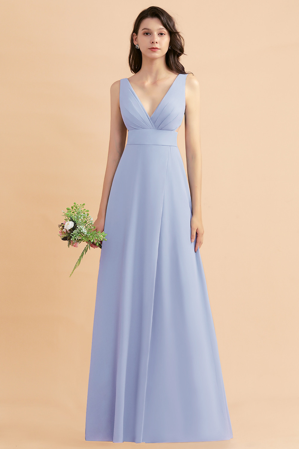 BMbridal A-Line Dusty Blue Chiffon Ruffles Bridesmaid Dress with Slit-BMbridal