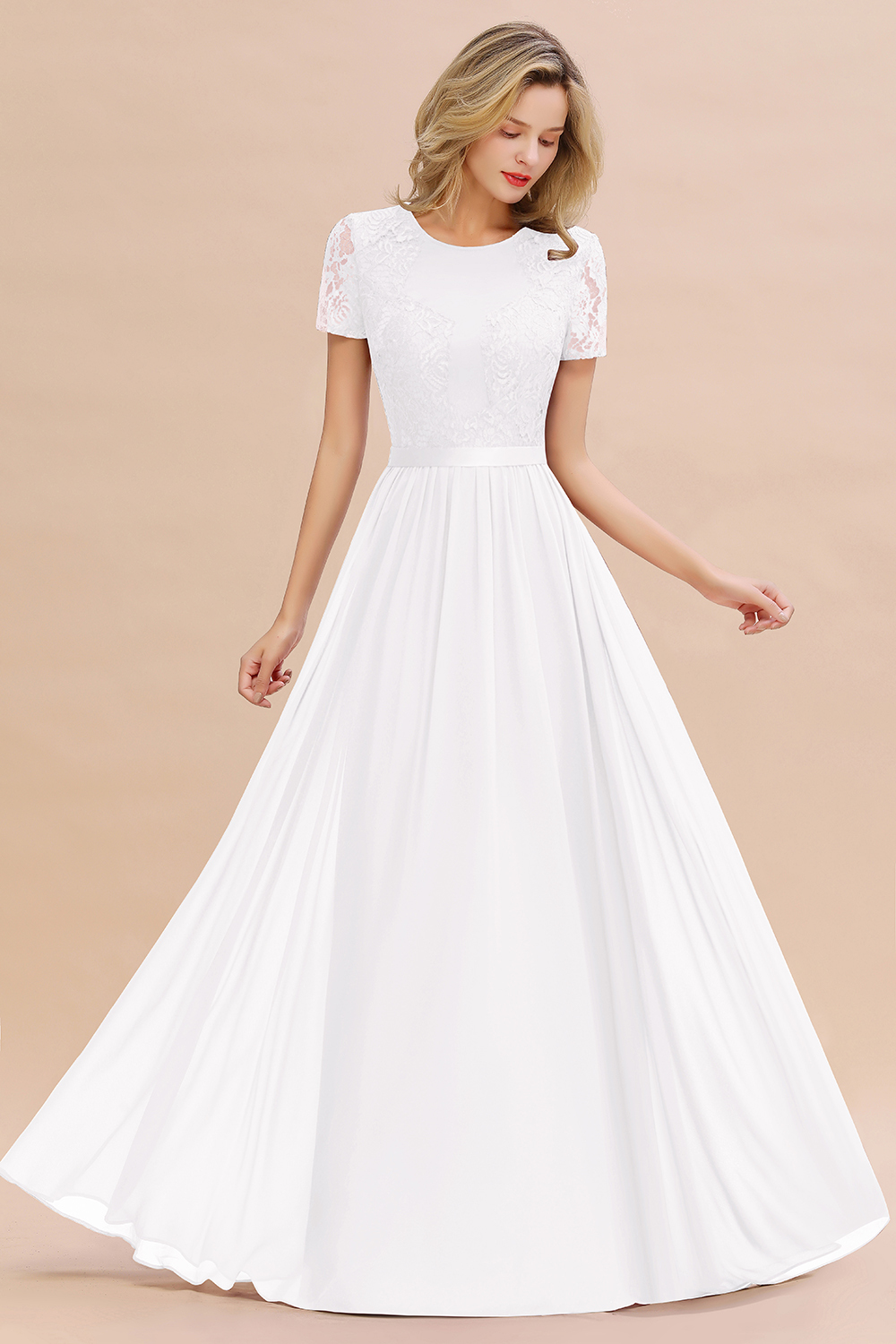 BMbridal Elegant Chiffon Lace Jewel Short-Sleeves Affordable Bridesmaid Dress-BMbridal