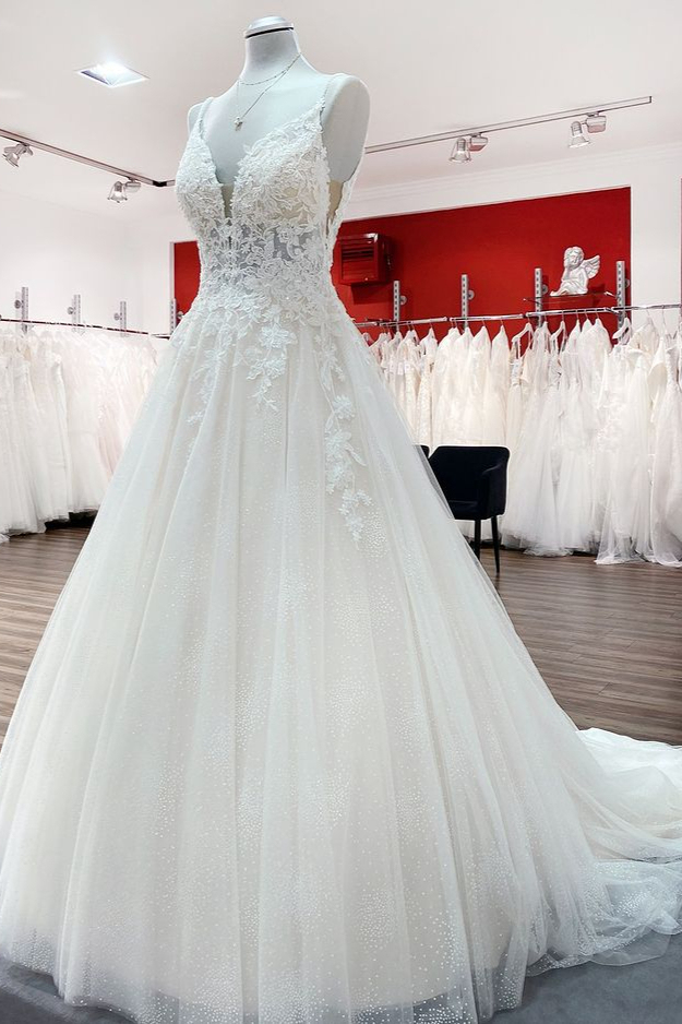 BMbridal Spaghetti Straps Tulle Lace Appliques A-Line Wedding Dresses-BMbridal