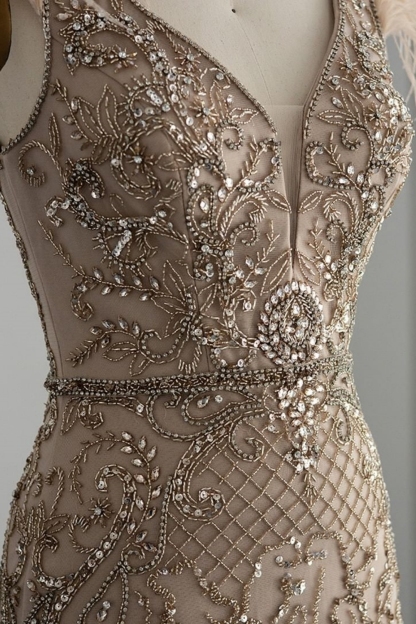 Bmbridal A-Line Taupe V-Neck Tulle Cap Sleeves Prom Dresses with Appliques