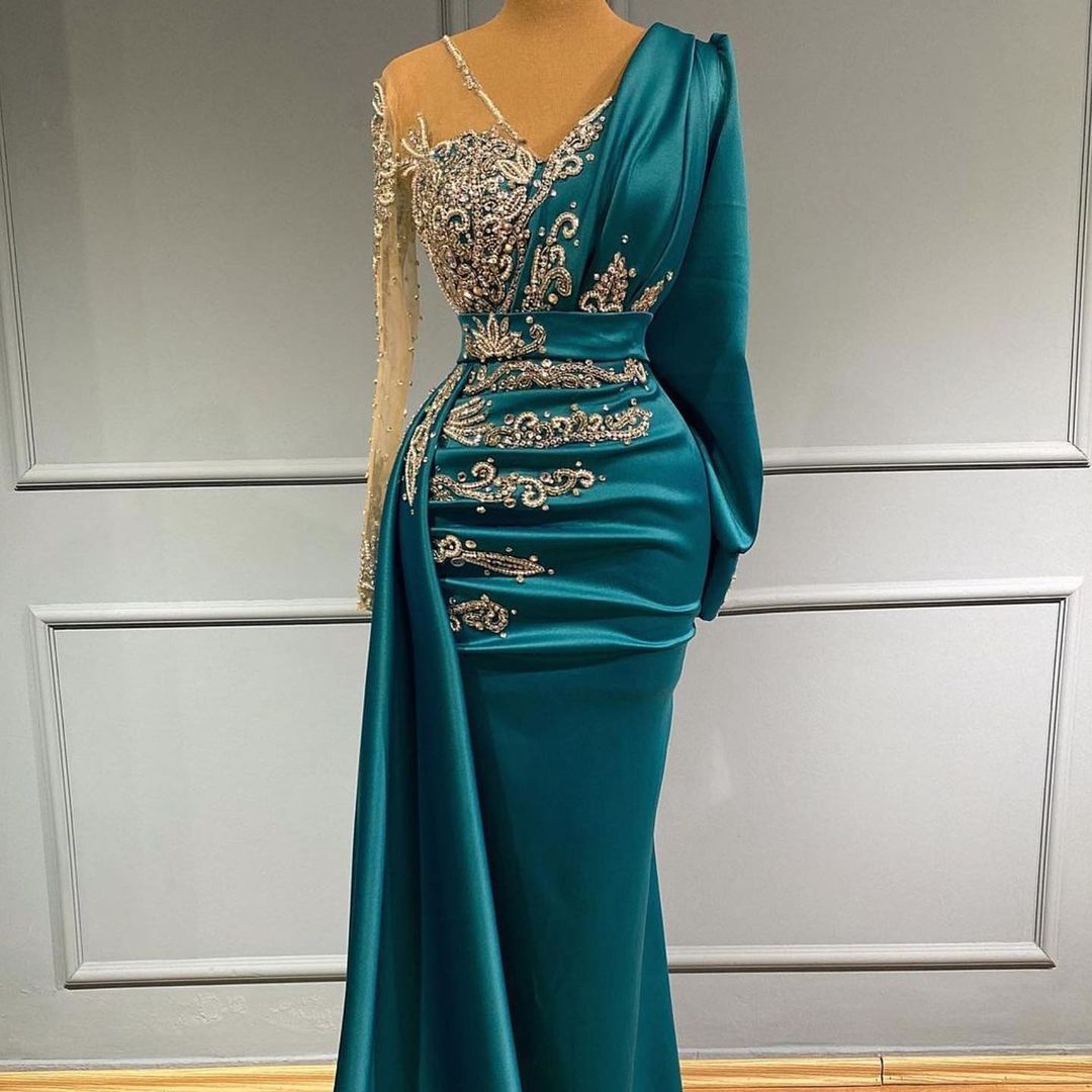 BMbridal Long Sleeves Mermaid Evening Dress Ruffles With Appliques Beadings