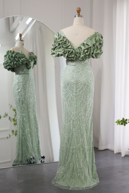 Bmbridal Dusty Sage Sweetheart Short Sleeves Prom Dresses with Ruffles