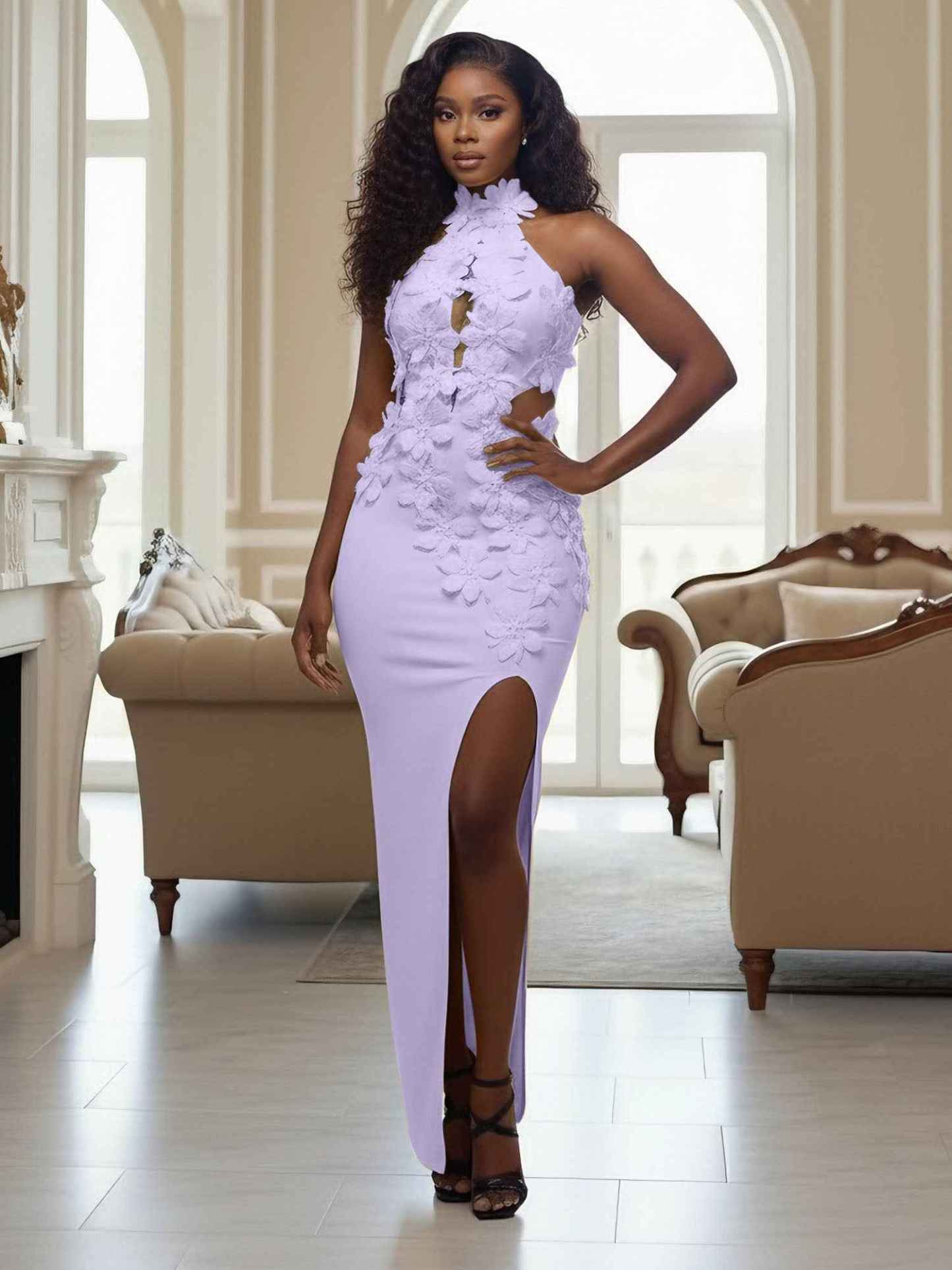 Yellow Halter Neck 3D Flower Mermaid Long Prom Dress with Slit