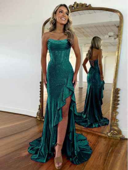 Hot Pink Mermaid Strapless Corset Bodice Long Prom Dress with Ruffle Slit