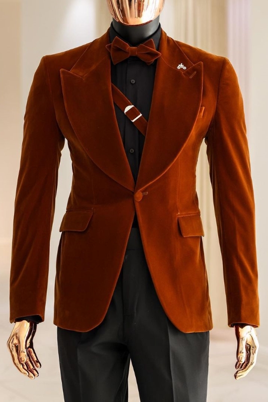 Bespoke Brown Peaked Lapel Two Pieces Velvet Prom Suits-BMbridal