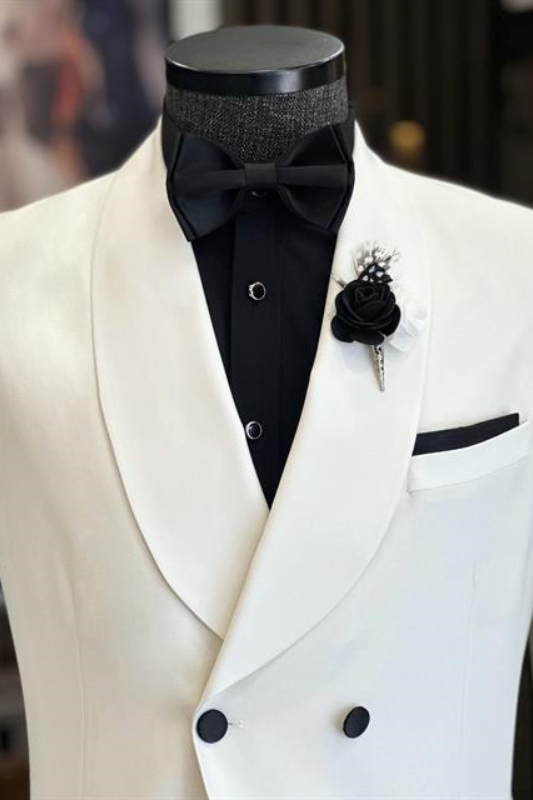 Simple White Shawl Lapel Double Breasted Wedding Suits For Men-BMbridal