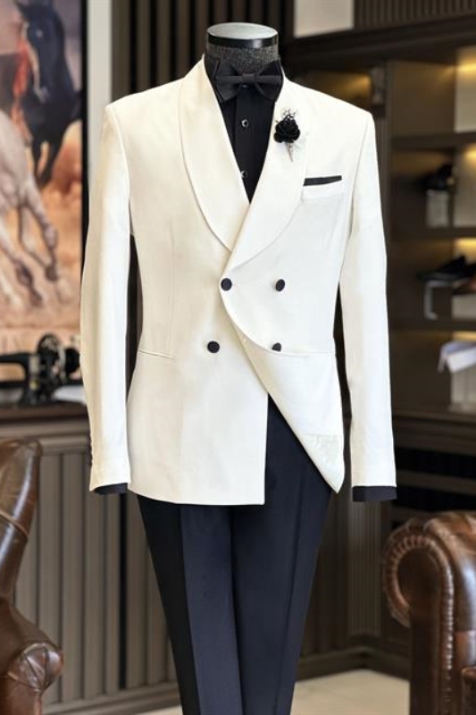 Simple White Shawl Lapel Double Breasted Wedding Suits For Men-BMbridal