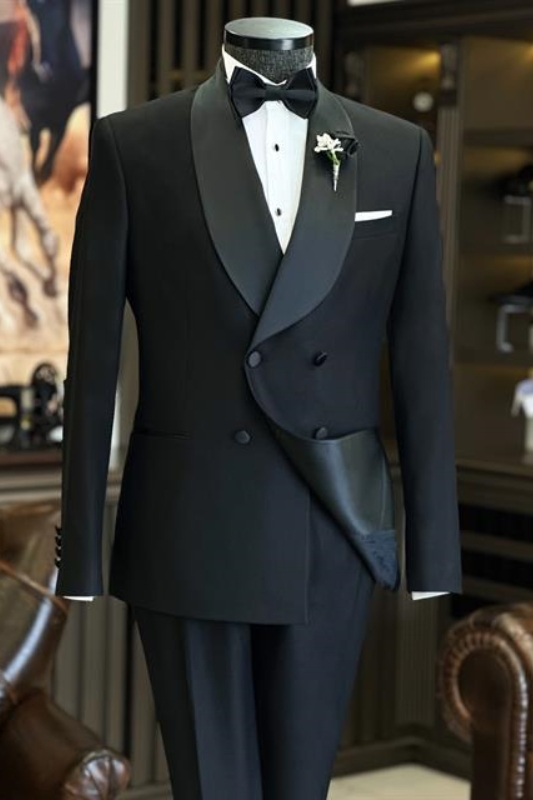 Fashion Black Shawl Lapel Double Breasted Wedding Suits-BMbridal