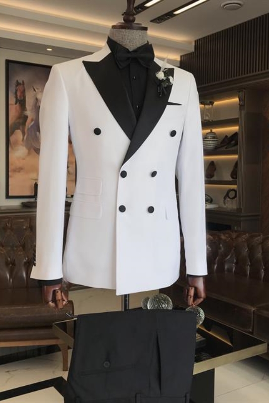 Newest White Peaked Lapel Double Breasted Wedding Suits-BMbridal