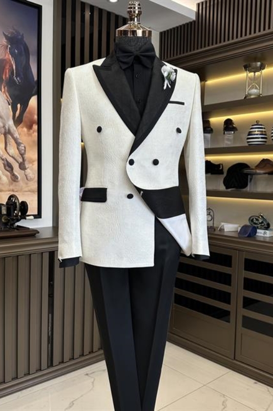 Modern White Peaked Lapel Double Breasted Jacquard Wedding Suits-BMbridal