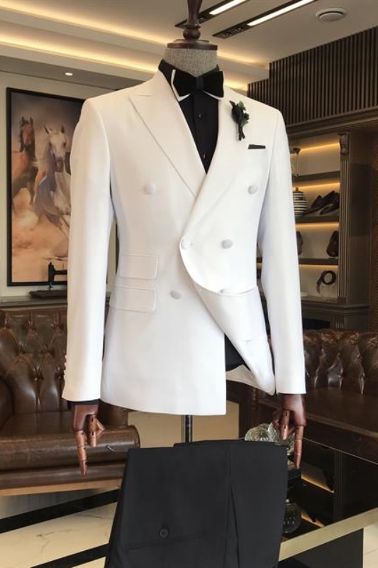 Simple White Peaked Lapel Double Breasted Wedding Men Suits-BMbridal
