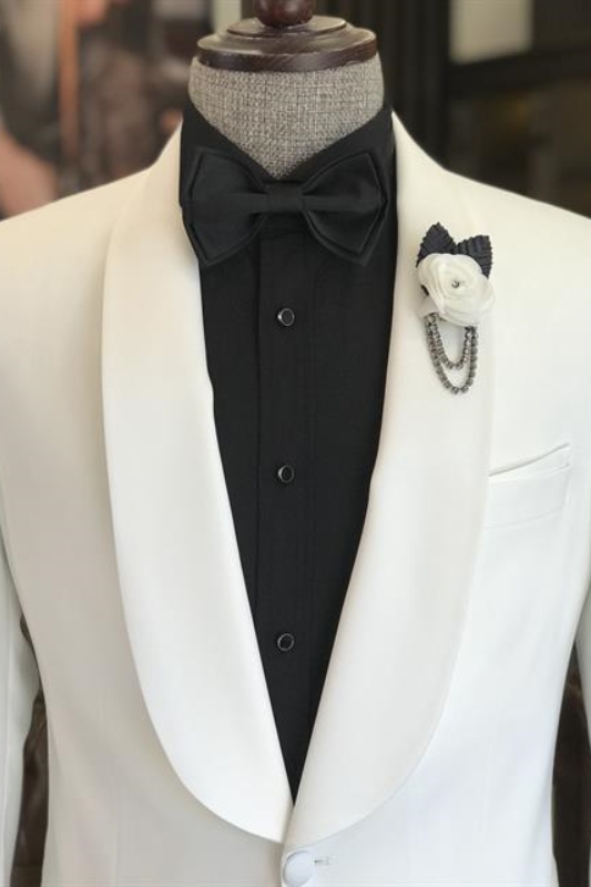 White Shawl Lapel Two Pieces Close Fitting Wedding Suits-BMbridal