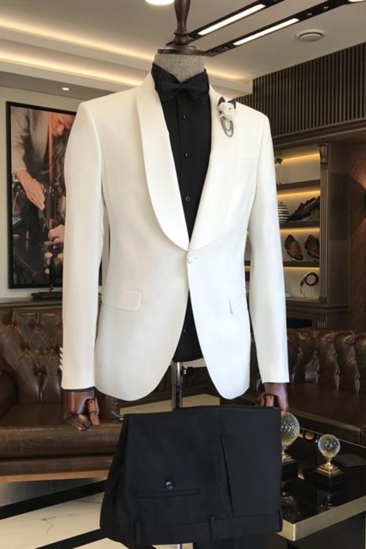 White Shawl Lapel Two Pieces Close Fitting Wedding Suits-BMbridal