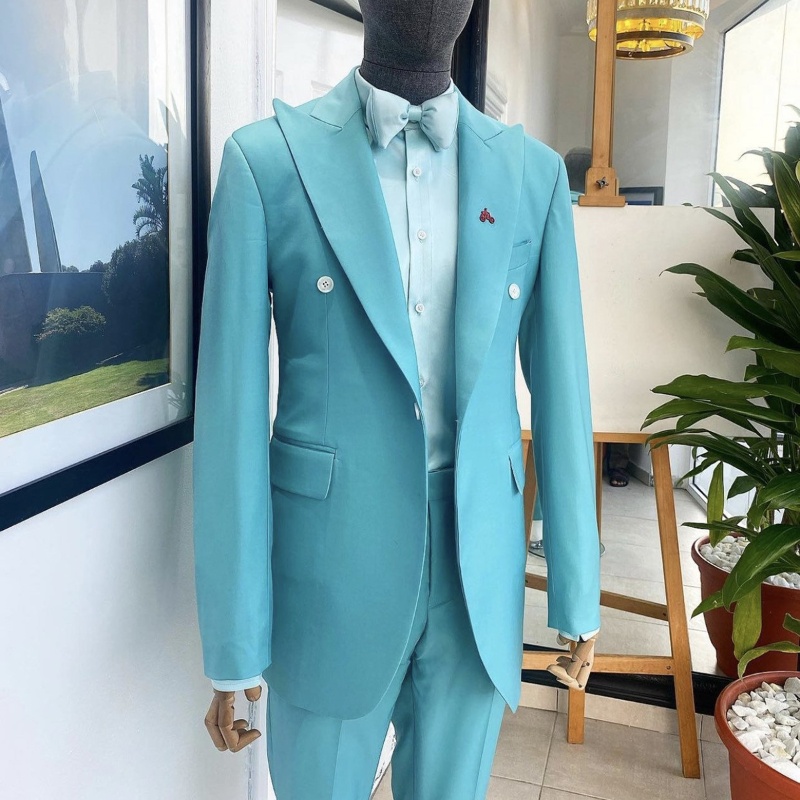 Modern Sky Blue Peaked Lapel Two Pieces Prom Suits-BMbridal