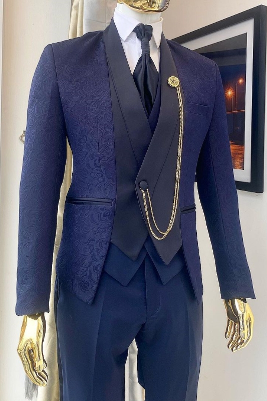 Bespoke Navy Blue Shawl Lapel Three Pieces Jacquard Wedding Suits-BMbridal