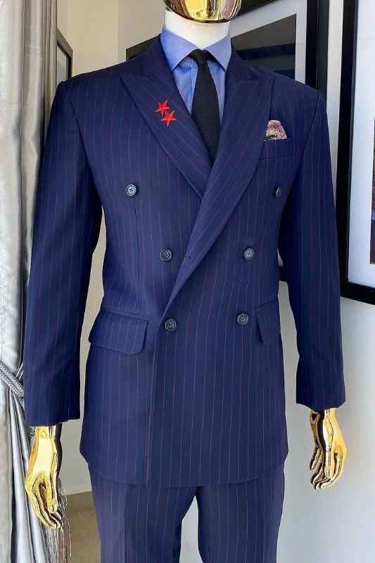 Formal Navy Blue Peaked Lapel Two Pieces Striped Business Suits-BMbridal