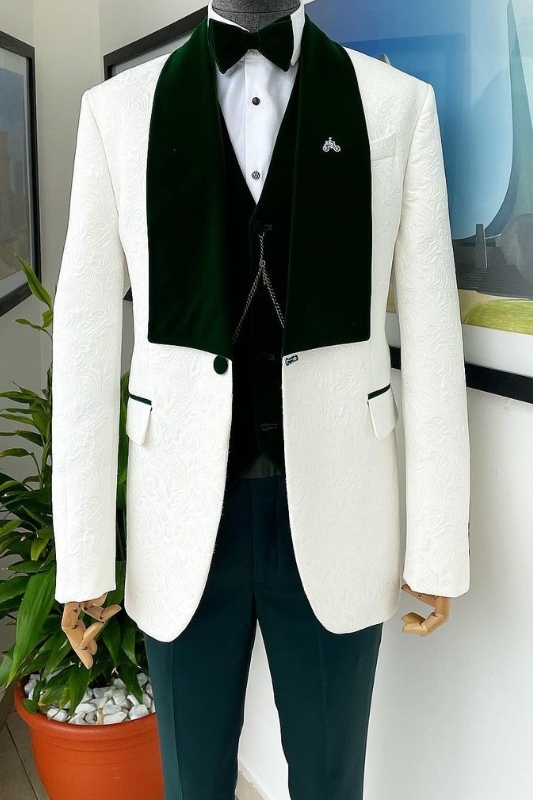 Bespoke White Jacquard Three Pieces Wedding Suits With Dark Green Shawl Lapel-BMbridal