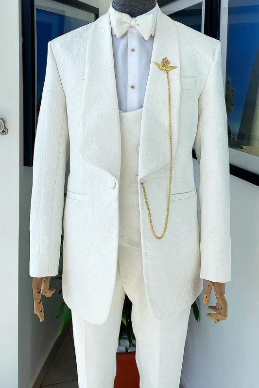 Fancy White Jacquard Shawl Lapel Three Pieces Wedding Suits-BMbridal
