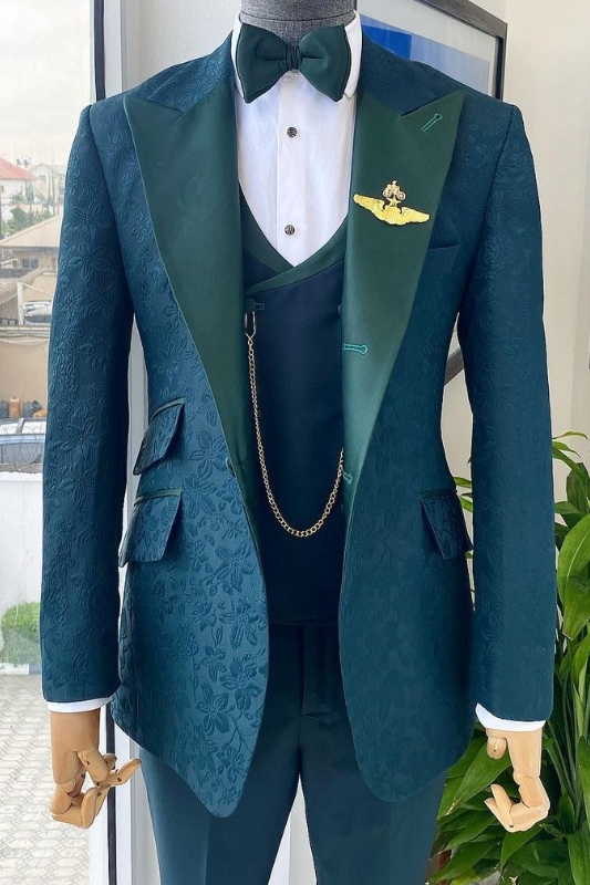 Classic Ocean Blue Peaked Lapel Three Pieces Jacquard Prom Suits-BMbridal
