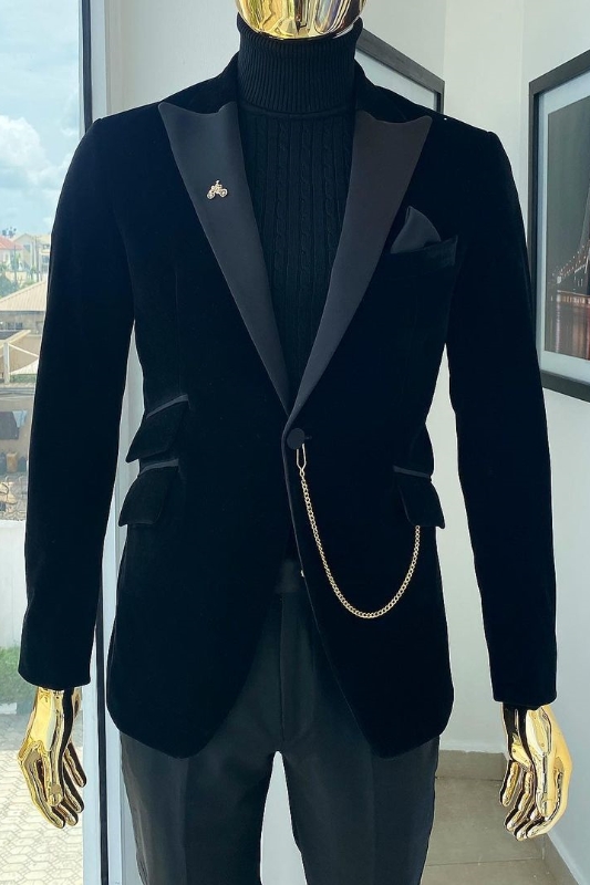 Chic Black Peaked Lapel Two Pieces Velvet Prom Suits For Men-BMbridal