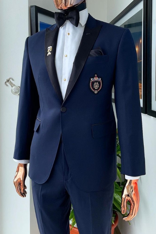 Modern Navy Blue Peaked Lapel Two Pieces Prom Men Suits-BMbridal