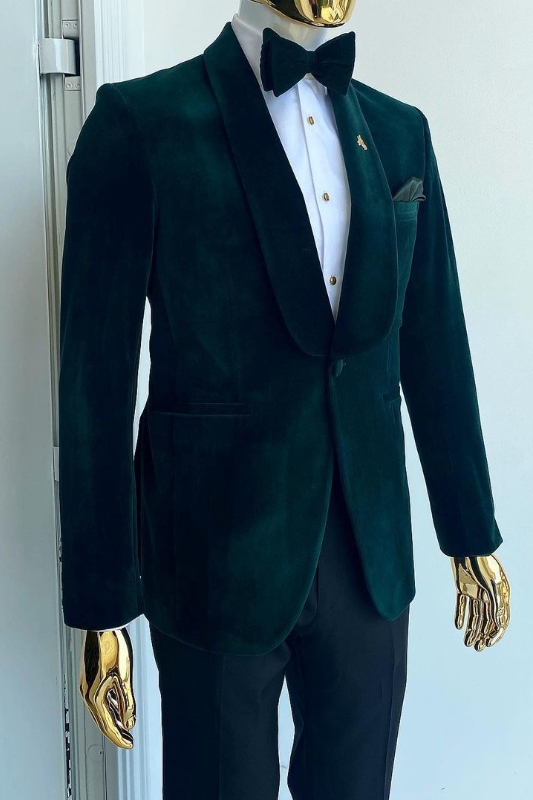 Fancy Dark Green Shawl Lapel Two Pieces Velvet Wedding Suits-BMbridal