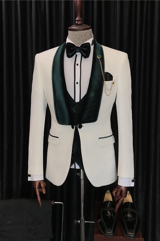 Cool White Velvet Shawl Lapel Three Pieces Wedding Suits-BMbridal