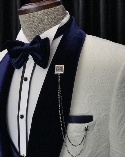 Fancy White Three Pieces Jacquard Wedding Suits With Navy Blue Shawl Lapel-BMbridal