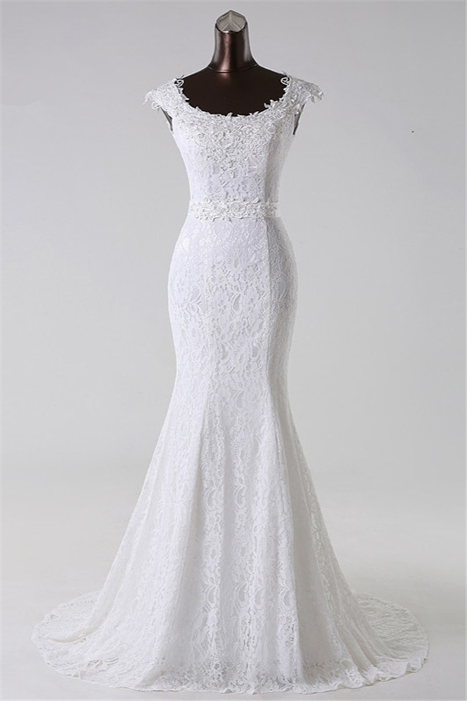 BMbridal Gorgeous Lace Jewel Mermaid White Wedding Dresses with Appliques Online