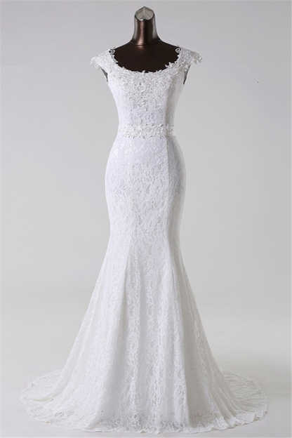 BMbridal Gorgeous Lace Jewel Mermaid White Wedding Dresses with Appliques Online