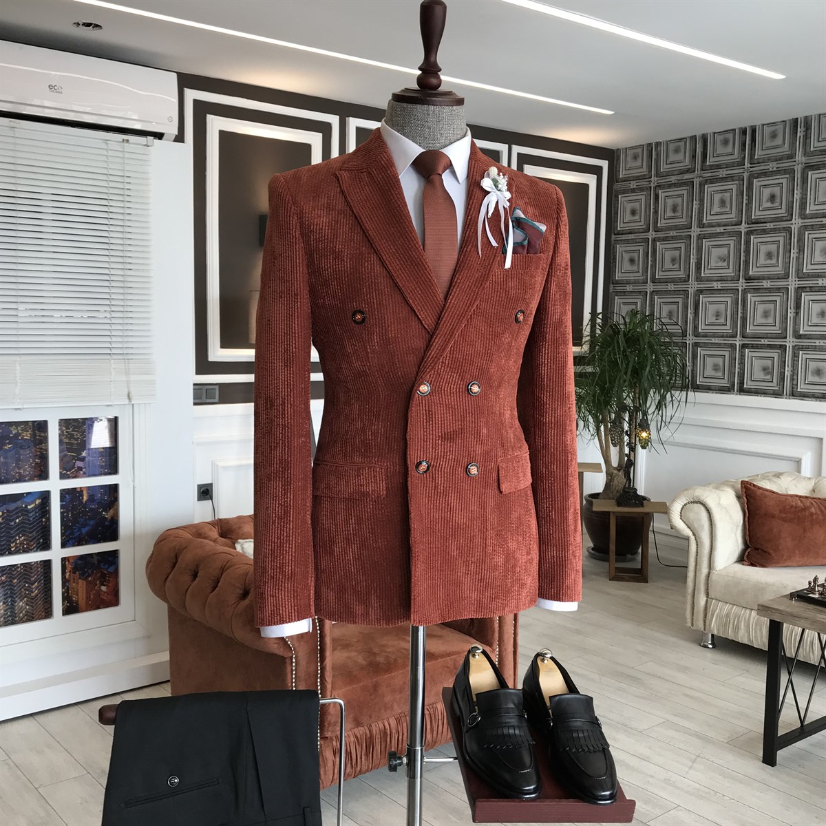 Bespoke Burgundy Corduroy Peaked Lapel Double Breasted Prom Suits-BMbridal