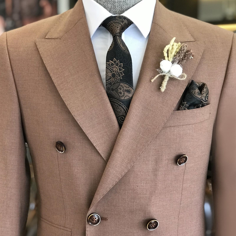 Bespoke Light Coffee Peaked Lapel Double Breasted Prom Suits-BMbridal