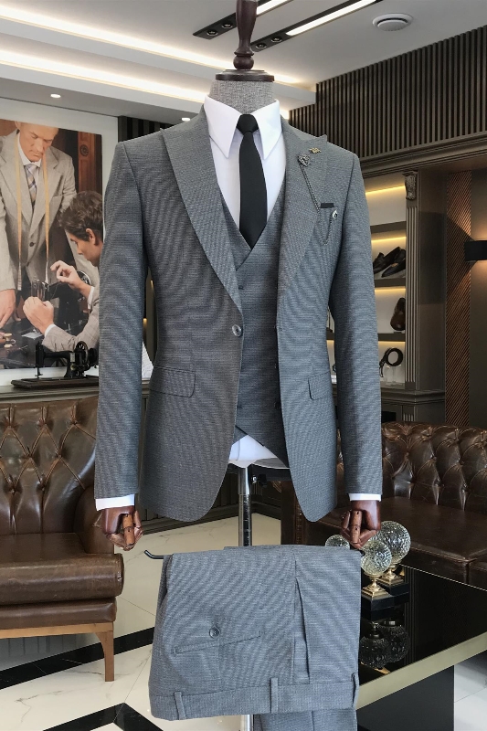 Classic Gray Peaked Lapel Three Pieces Business Men Suits-BMbridal